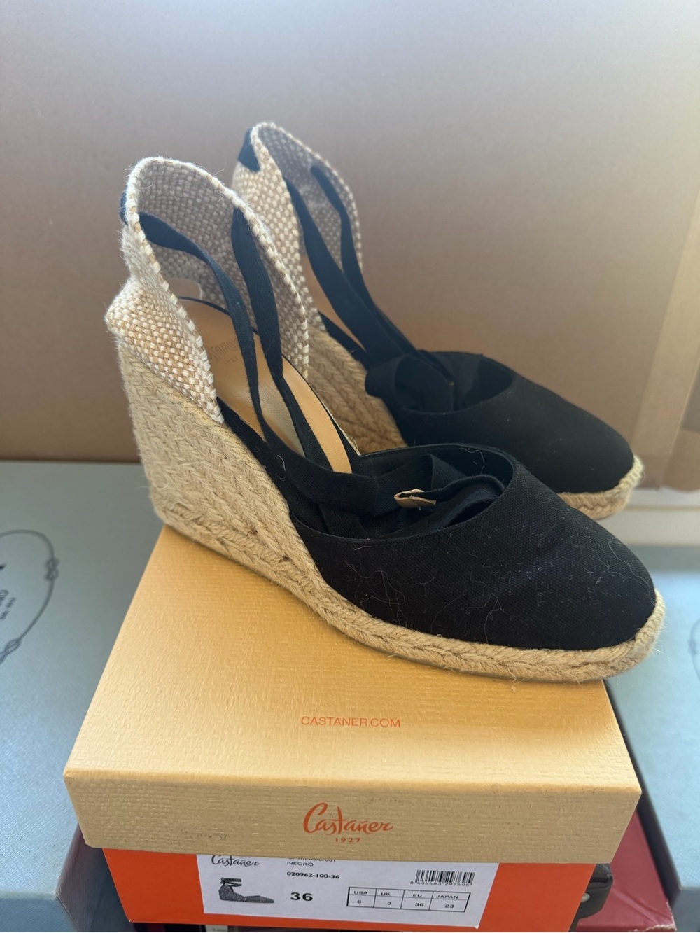 Castaner Black Espadrille Wedge Tie Sandals - Picture 4 of 5